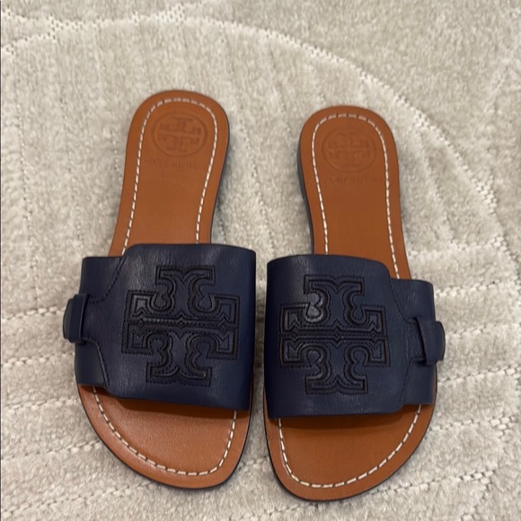 Tory Burch Navy Leather Slides - Picture 1 of 4